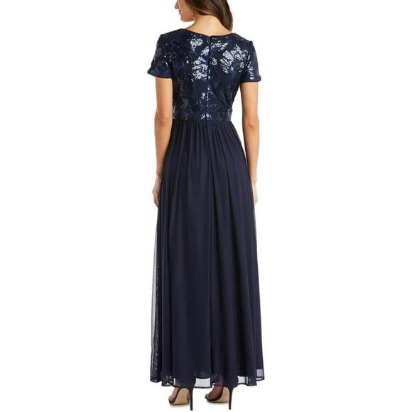 R&M Richards Mesh Sequin Embellished Short Sleeve Maxi Evening Dress Navy Size 6 - Picture 3 of 13
